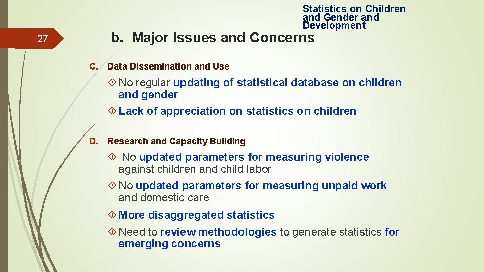 Statistics on Children and Gender and Development 27 b. Major Issues and Concerns C.