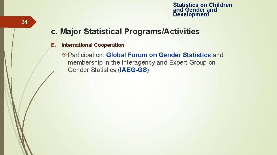 Statistics on Children and Gender and Development 34 c. Major Statistical Programs/Activities E. International