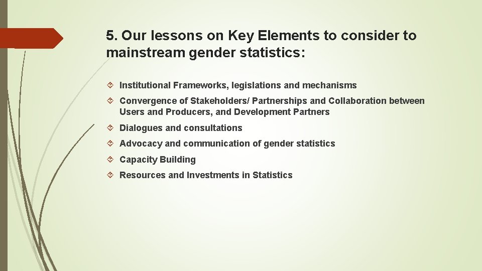 5. Our lessons on Key Elements to consider to mainstream gender statistics: Institutional Frameworks,