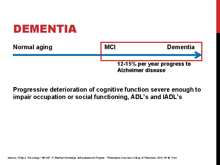 DEMENTIA Normal aging MCI Dementia 12 -15% per year progress to Alzheimer disease Progressive DEMENTIA Normal aging MCI Dementia 12 -15% per year progress to Alzheimer disease Progressive