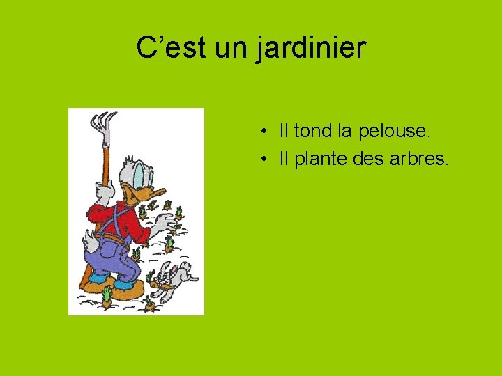 C’est un jardinier • Il tond la pelouse. • Il plante des arbres. 