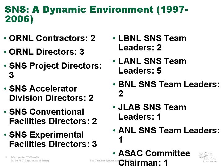 SNS: A Dynamic Environment (19972006) • ORNL Contractors: 2 • ORNL Directors: 3 •