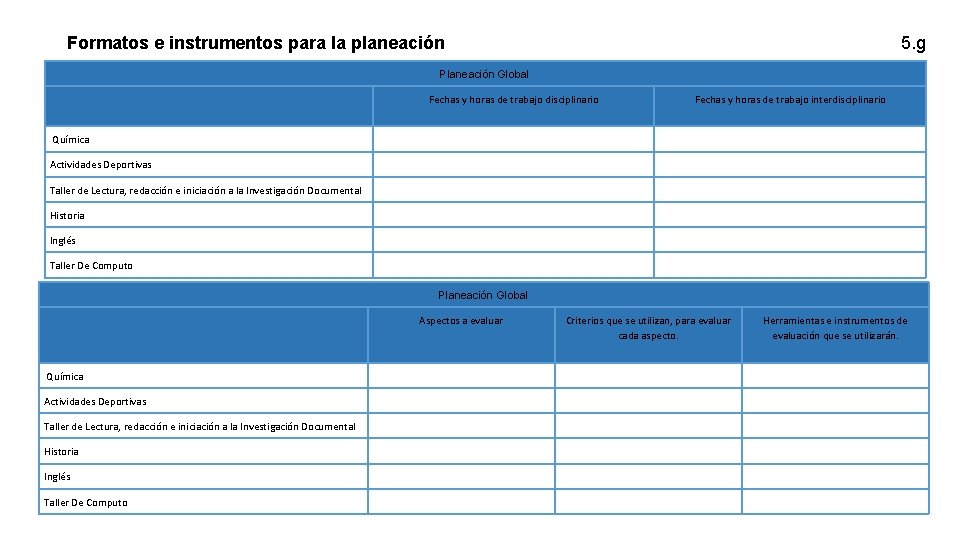 5. g Formatos e instrumentos para la planeación Planeación Global Fechas y horas de