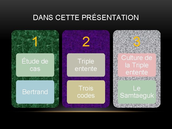 DANS CETTE PRÉSENTATION 1 2 3 Étude de cas Triple entente Culture de la