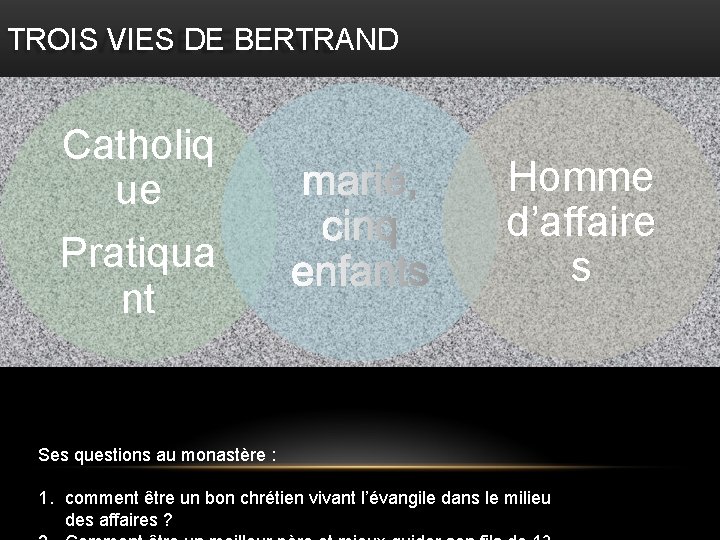 TROIS VIES DE BERTRAND Catholiq ue Pratiqua nt Homme d’affaire s Ses questions au