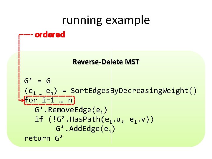 running example ordered Reverse-Delete MST G’ = G (e 1 … en) = Sort.