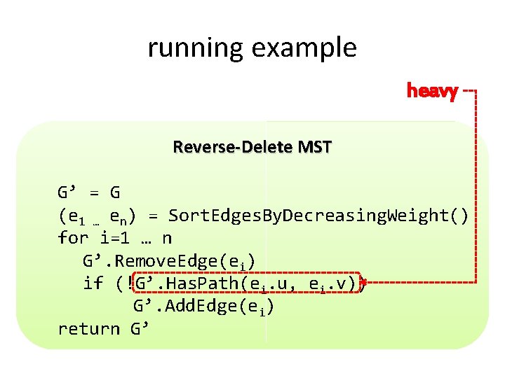 running example heavy Reverse-Delete MST G’ = G (e 1 … en) = Sort.