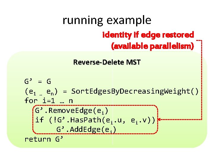 running example identity if edge restored (available parallelism) Reverse-Delete MST G’ = G (e