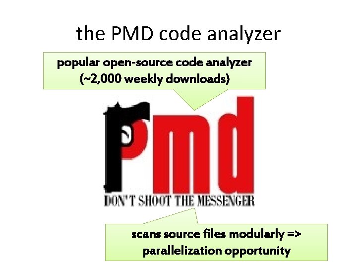 the PMD code analyzer popular open-source code analyzer (~2, 000 weekly downloads) scans source