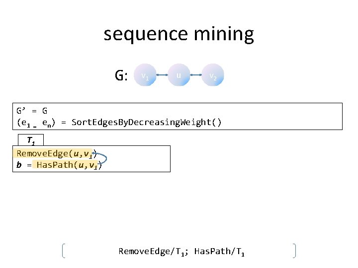 sequence mining G: v 1 u v 2 G’ = G (e 1 …