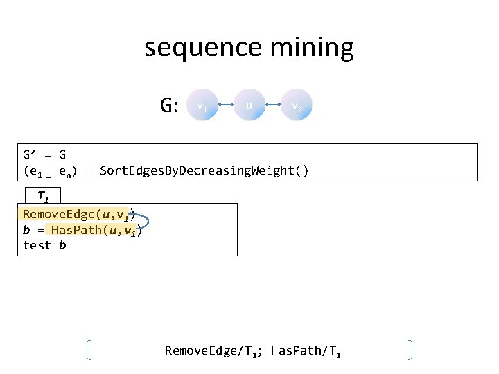 sequence mining G: v 1 u v 2 G’ = G (e 1 …