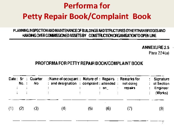 Performa for Petty Repair Book/Complaint Book 7 