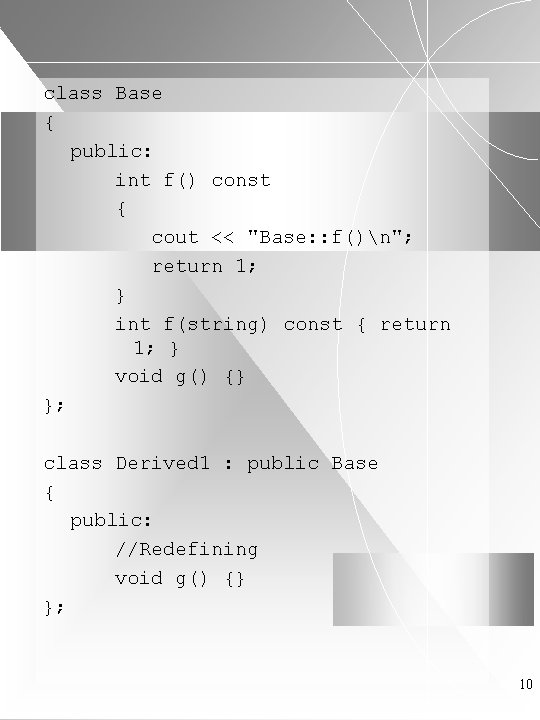 class Base { public: int f() const { cout << "Base: : f()n"; return