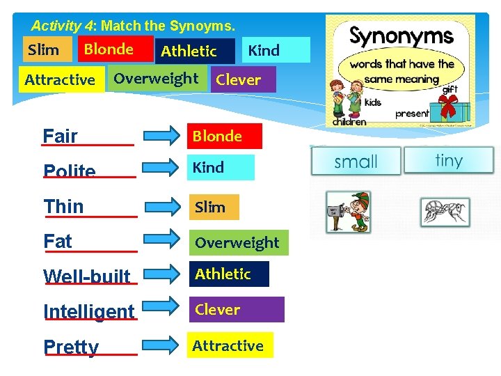 Activity 4: Match the Synoyms. Slim Blonde Attractive Athletic Overweight Kind Clever Fair Blonde