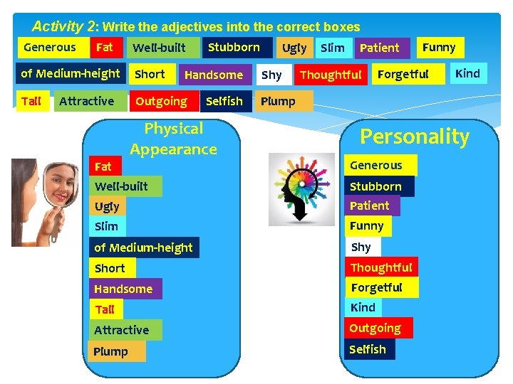 Activity 2: Write the adjectives into the correct boxes Generous Fat Well-built of Medium-height
