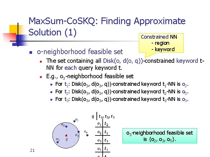 Max. Sum-Co. SKQ: Finding Approximate Solution (1) Constrained NN n o-neighborhood feasible set n