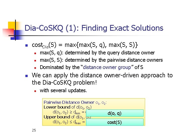 Dia-Co. SKQ (1): Finding Exact Solutions n cost. Dia(S) = max{max(S, q), max(S, S)}
