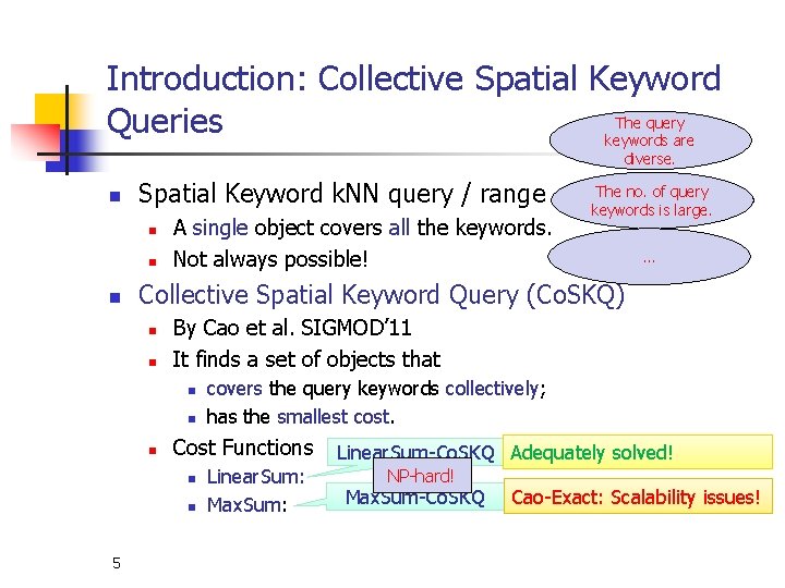 Introduction: Collective Spatial Keyword The query Queries keywords are diverse. n The no. of