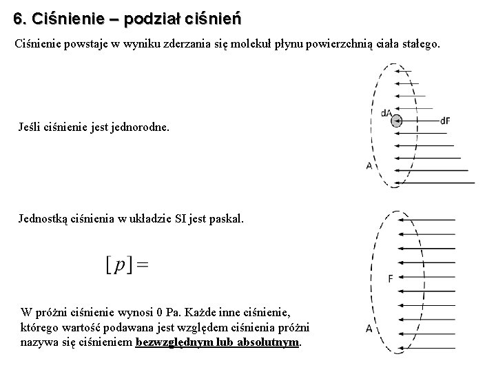 6. Ciśnienie – podział ciśnień Ciśnienie powstaje w wyniku zderzania się molekuł płynu powierzchnią