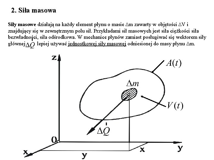 2. Siła masowa Siły masowe działają na każdy element płynu o masie m zawarty