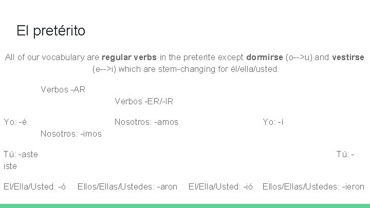 El pretérito All of our vocabulary are regular verbs in the preterite except dormirse