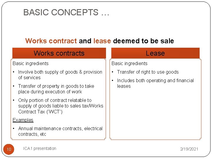 BASIC CONCEPTS … Works contract and lease deemed to be sale Works contracts Lease