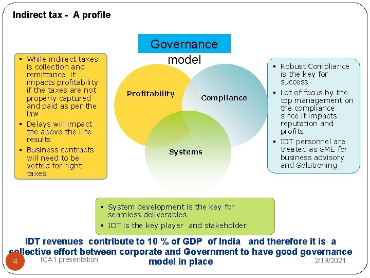 Indirect tax - A profile § While indirect taxes is collection and remittance it