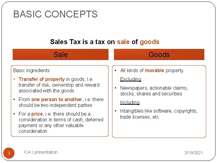 BASIC CONCEPTS Sales Tax is a tax on sale of goods Sale Basic ingredients