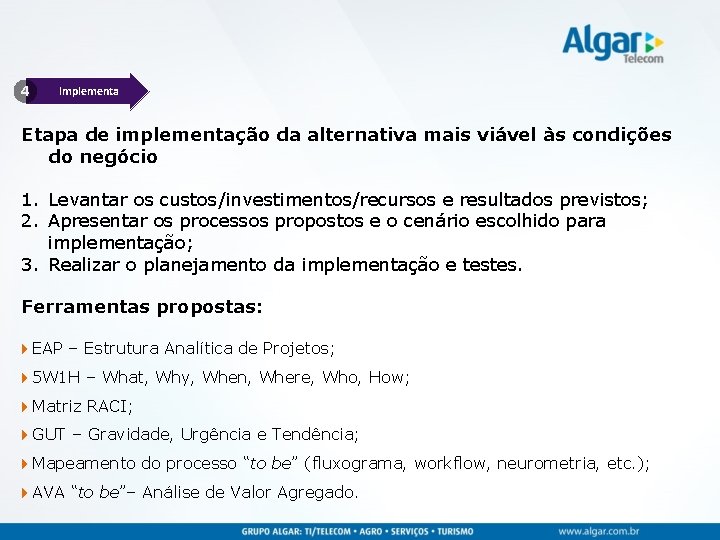 4 Implementa Etapa de implementação da alternativa mais viável às condições do negócio 1.