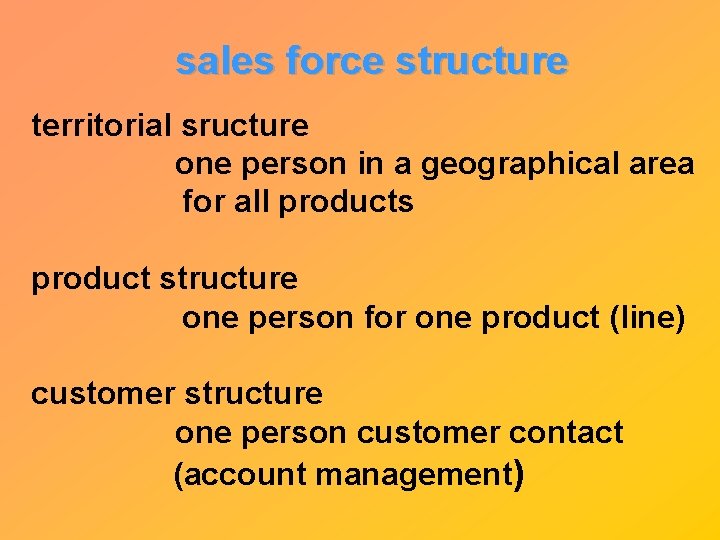sales force structure territorial sructure one person in a geographical area for all products