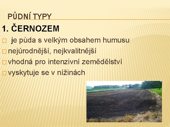 PŮDNÍ TYPY 1. ČERNOZEM je půda s velkým obsahem humusu � nejúrodnější, nejkvalitnější � PŮDNÍ TYPY 1. ČERNOZEM je půda s velkým obsahem humusu � nejúrodnější, nejkvalitnější �