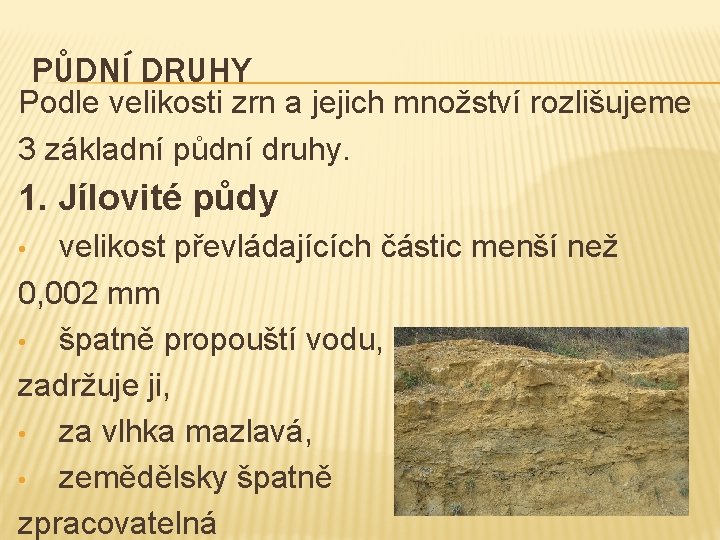 PŮDNÍ DRUHY Podle velikosti zrn a jejich množství rozlišujeme 3 základní půdní druhy. 1. PŮDNÍ DRUHY Podle velikosti zrn a jejich množství rozlišujeme 3 základní půdní druhy. 1.
