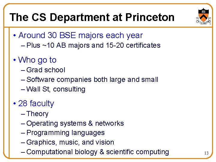The CS Department at Princeton • Around 30 BSE majors each year – Plus The CS Department at Princeton • Around 30 BSE majors each year – Plus