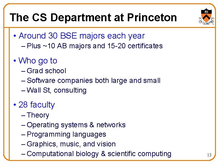 The CS Department at Princeton • Around 30 BSE majors each year – Plus