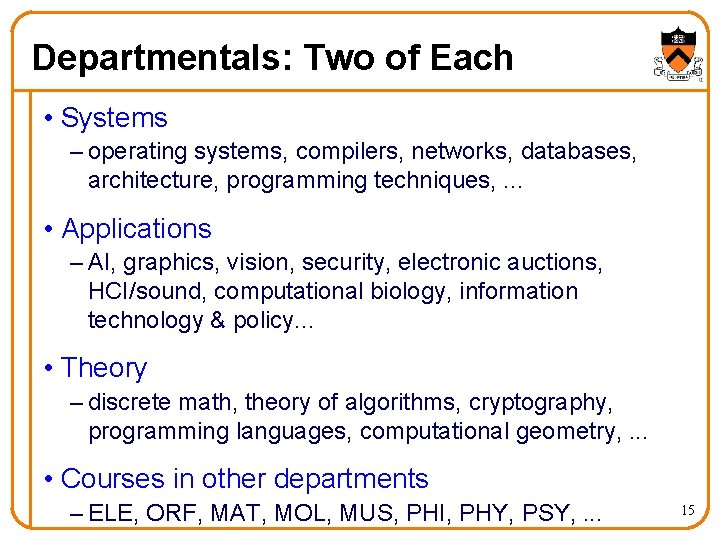 Departmentals: Two of Each • Systems – operating systems, compilers, networks, databases, architecture, programming Departmentals: Two of Each • Systems – operating systems, compilers, networks, databases, architecture, programming