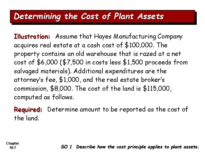 Determining the Cost of Plant Assets Illustration: Assume that Hayes Manufacturing Company acquires real
