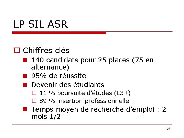 LP SIL ASR Chiffres clés 140 candidats pour 25 places (75 en alternance) 95%