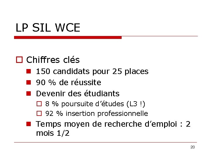 LP SIL WCE Chiffres clés 150 candidats pour 25 places 90 % de réussite