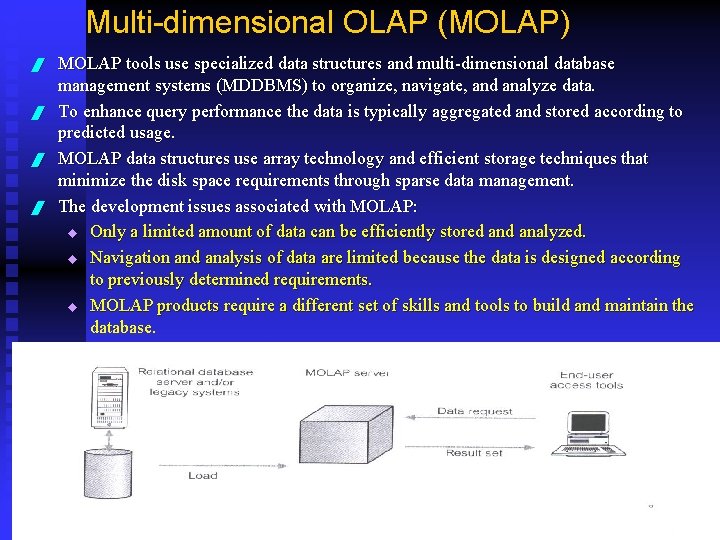 Multi-dimensional OLAP (MOLAP) / / MOLAP tools use specialized data structures and multi-dimensional database