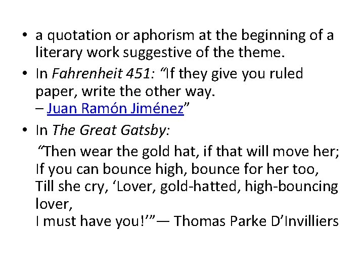  • a quotation or aphorism at the beginning of a literary work suggestive