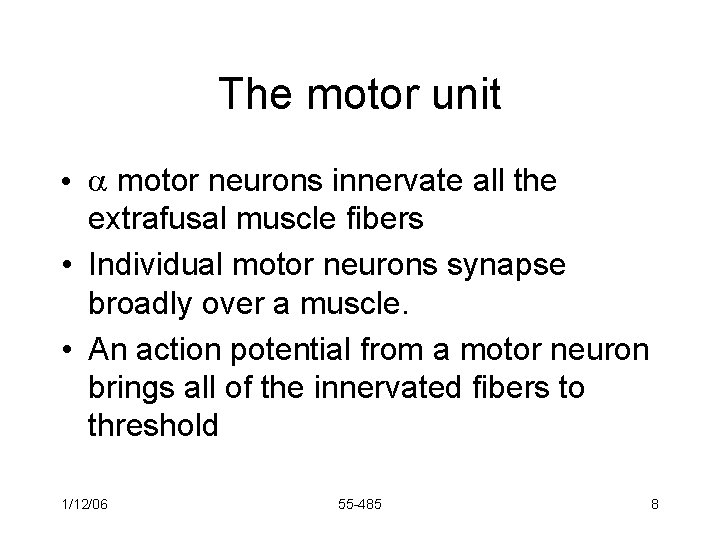 The motor unit • motor neurons innervate all the extrafusal muscle fibers • Individual