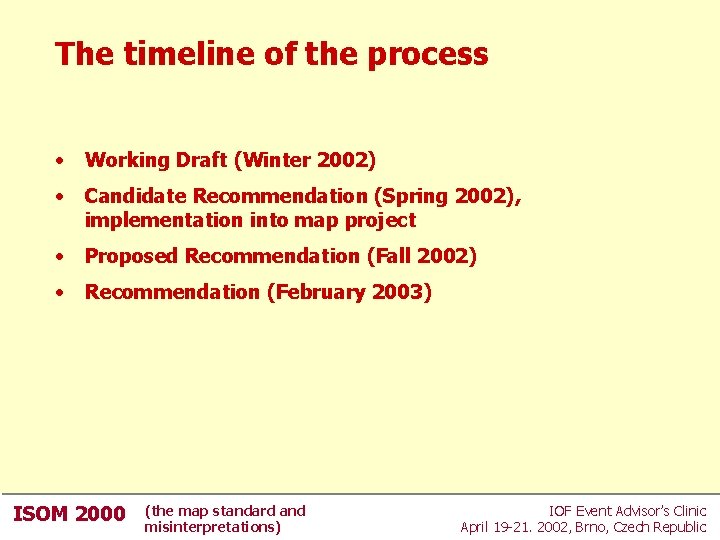 The timeline of the process • Working Draft (Winter 2002) • Candidate Recommendation (Spring The timeline of the process • Working Draft (Winter 2002) • Candidate Recommendation (Spring