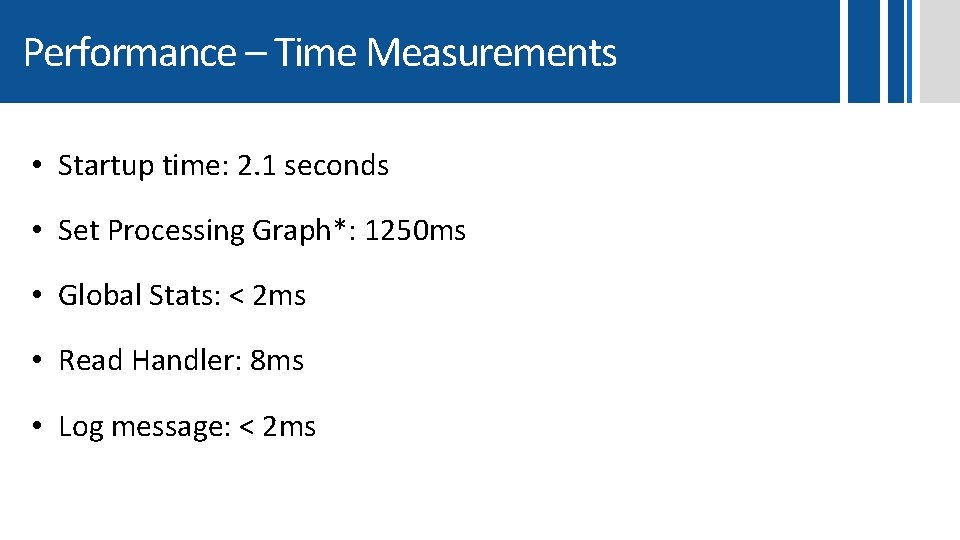 Performance – Time Measurements • Startup time: 2. 1 seconds • Set Processing Graph*: