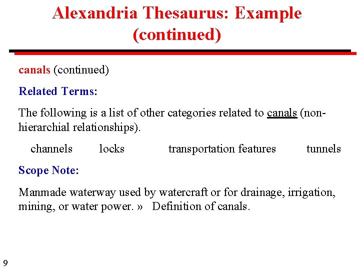 Alexandria Thesaurus: Example (continued) canals (continued) Related Terms: The following is a list of