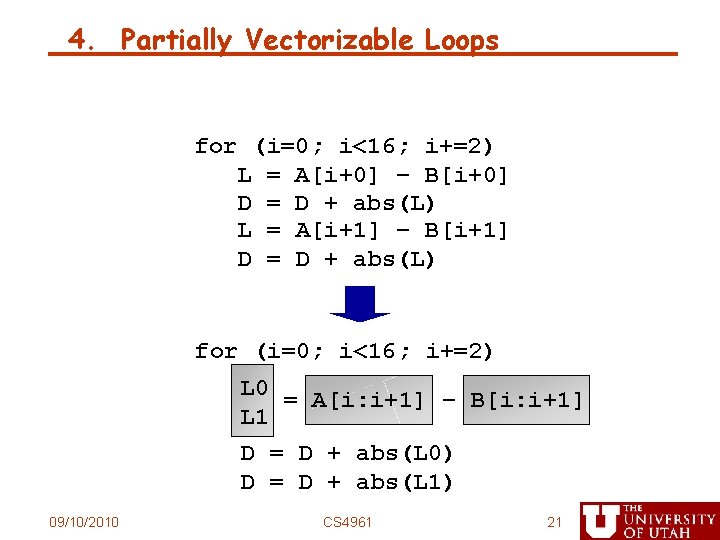 4. Partially Vectorizable Loops for (i=0; i<16; i+=2) L = A[i+0] – B[i+0] D