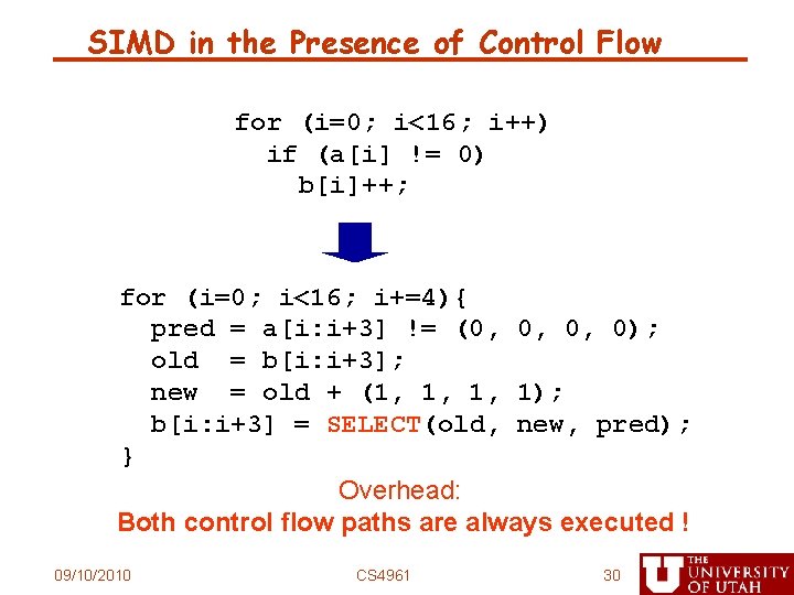 SIMD in the Presence of Control Flow for (i=0; i<16; i++) if (a[i] !=