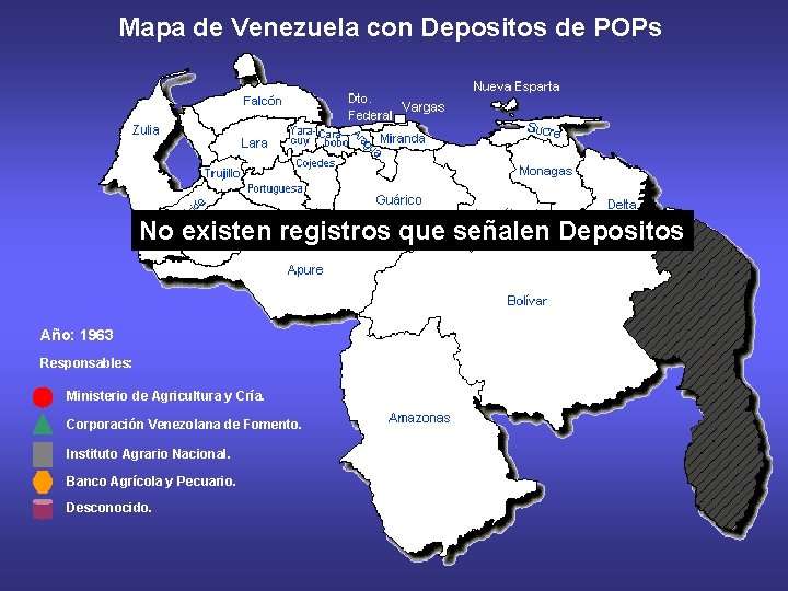 Mapa de Venezuela con Depositos de POPs No existen registros que señalen Depositos Año: