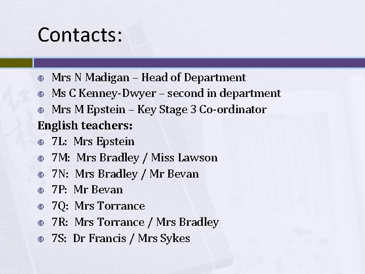 Contacts: Mrs N Madigan – Head of Department Ms C Kenney-Dwyer – second in