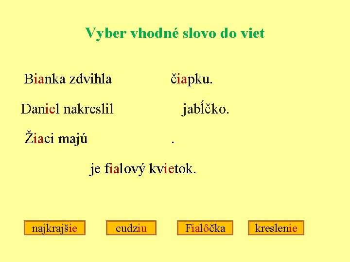 Vyber vhodné slovo do viet Bianka zdvihla čiapku. Daniel nakreslil jabĺčko. Žiaci majú .