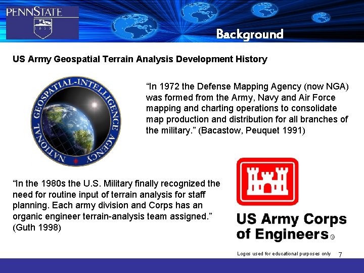 Background US Army Geospatial Terrain Analysis Development History “In 1972 the Defense Mapping Agency